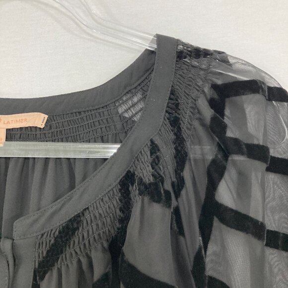 New Gibson Latimer size 3X Black Chiffon Velvet Burnt-out Smock Tie Front Blouse - Picture 5 of 11